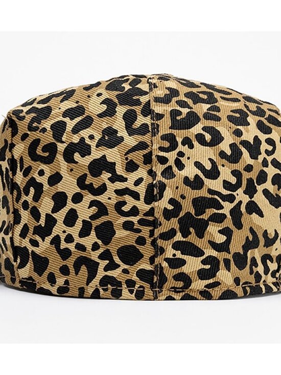 Women's Leopard Print Beret Hat Retro Newsboy Ivy Cap Cabbie Flat Cap Khaki - Picture 6 of 7